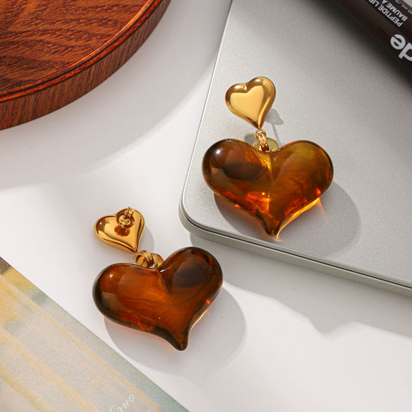 Wholesale Women's Vintage Amber Stainless Steel Geometric Heartshaped Electroplated Earrings