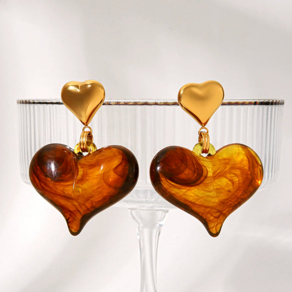 Wholesale Women's Vintage Amber Stainless Steel Geometric Heartshaped Electroplated Earrings