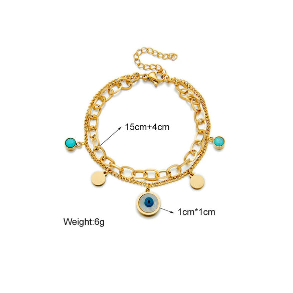 Wholesale Women's Vintage Blue Eyes Turquoise Pendant Double Titanium Steel Electroplated Bracelet