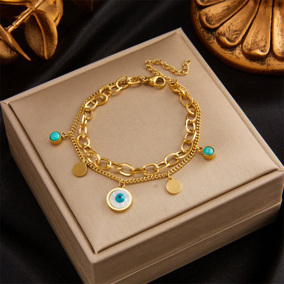 Wholesale Women's Vintage Blue Eyes Turquoise Pendant Double Titanium Steel Electroplated Bracelet