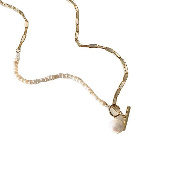 Wholesale Women's Vintage Elegant Fashion Metal Freshwater Pearl Ot Buckle Geometric Mixed Gem Inlay Snake Bone Chain Necklace