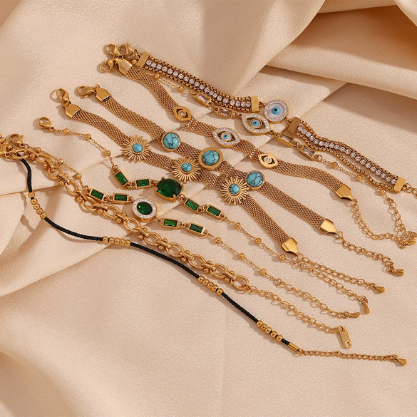 Wholesale Women's Vintage Fashion Geometric Stainless Steel 18K Gold Plated Micro Inlaid Natural Stone Devil's Eye Bracelet