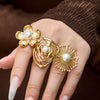 Wholesale Women's Vintage Floral Geometric Design Stainless Steel Index Finger Ring Set Pvd Plated With 18K Gold