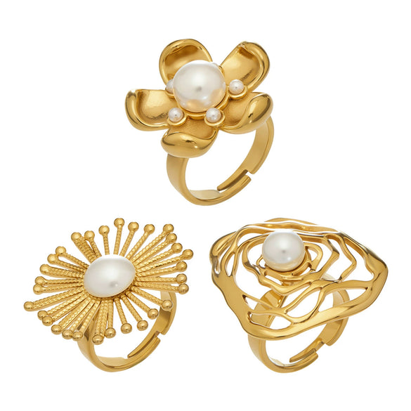 Wholesale Women's Vintage Floral Geometric Design Stainless Steel Index Finger Ring Set Pvd Plated With 18K Gold