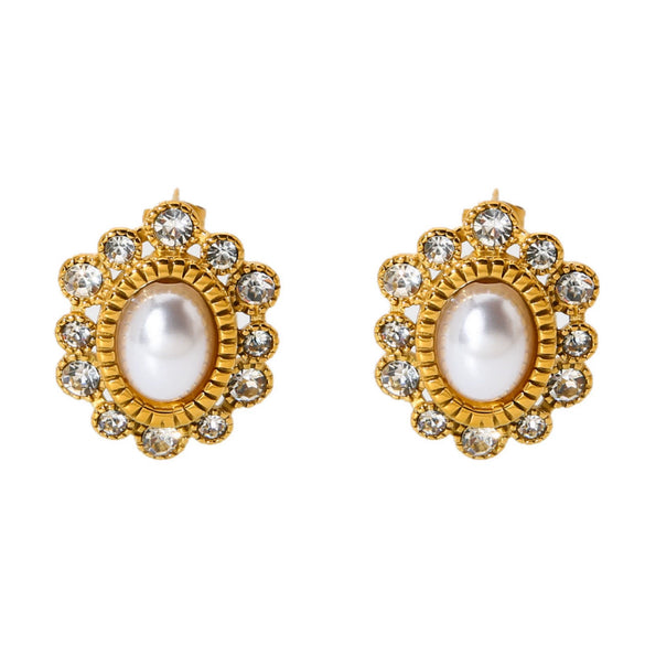 Wholesale Women's Vintage Geometric Flower Stainless Steel 18K Gold Plated Diamondencrusted Imitation Pearl Earrings
