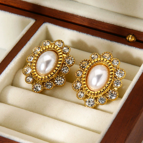 Wholesale Women's Vintage Geometric Flower Stainless Steel 18K Gold Plated Diamondencrusted Imitation Pearl Earrings