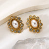 Wholesale Women's Vintage Geometric Flower Stainless Steel 18K Gold Plated Diamondencrusted Imitation Pearl Earrings