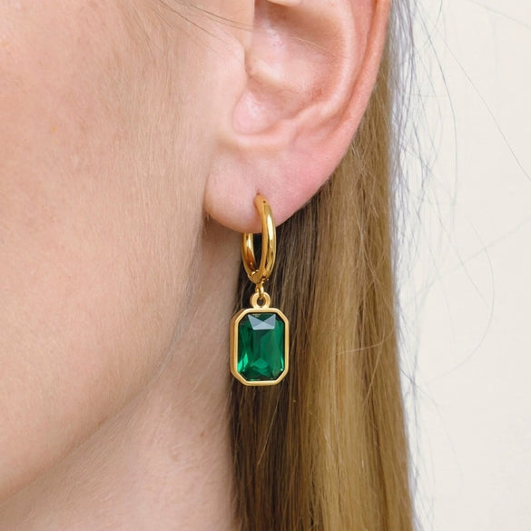 Wholesale Women's Vintage Geometric Green Zircon Stainless Steel Vacuum Real Gold Plated Pendant Earrings