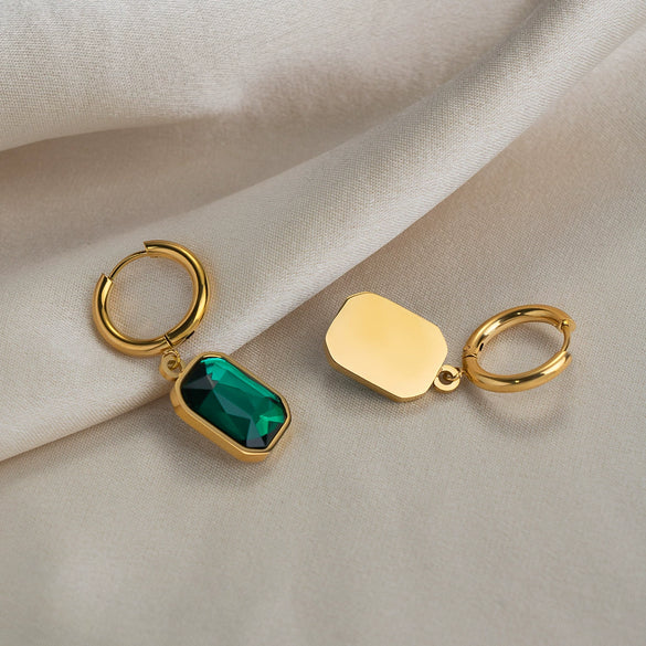 Wholesale Women's Vintage Geometric Green Zircon Stainless Steel Vacuum Real Gold Plated Pendant Earrings