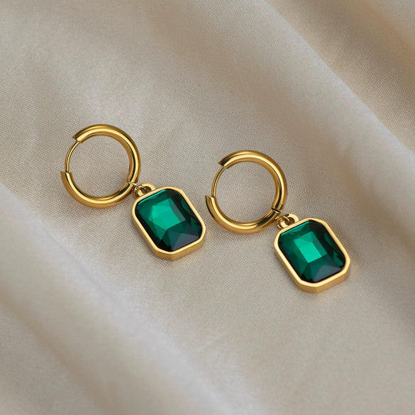 Wholesale Women's Vintage Geometric Green Zircon Stainless Steel Vacuum Real Gold Plated Pendant Earrings