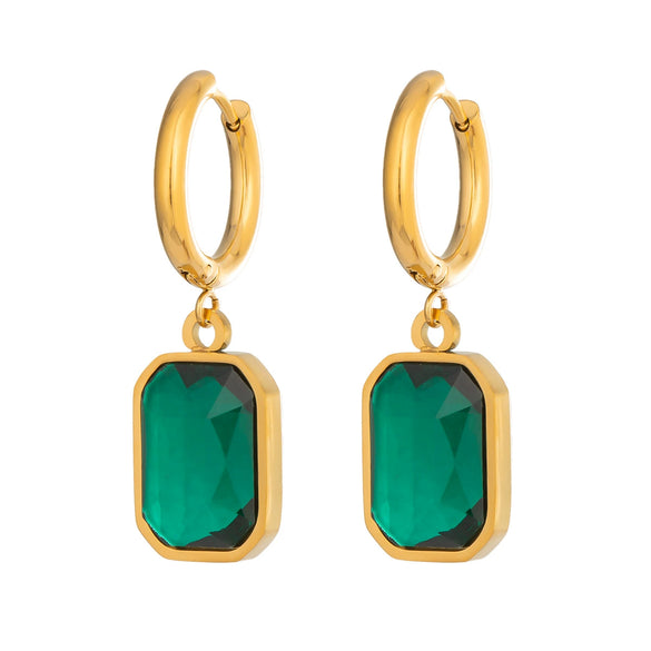 Wholesale Women's Vintage Geometric Green Zircon Stainless Steel Vacuum Real Gold Plated Pendant Earrings