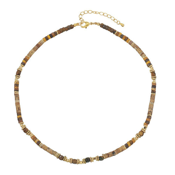 Wholesale Women's Vintage Geometric Handmade Necklace With African Turquoise Tiger Eye Stone Black Pointed Crystal Rice Beads Copper Stainless Steel Pendant And Chain