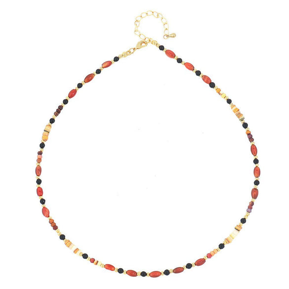Wholesale Women's Vintage Geometric Handmade Necklace With African Turquoise Tiger Eye Stone Black Pointed Crystal Rice Beads Copper Stainless Steel Pendant And Chain