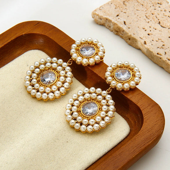 Wholesale Women's Vintage Geometric Stainless Steel Earrings With Zircon Inlaid Pearl Circle Vacuum Real Gold Plated In Pvd Furnace