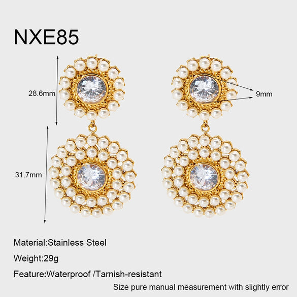 Wholesale Women's Vintage Geometric Stainless Steel Earrings With Zircon Inlaid Pearl Circle Vacuum Real Gold Plated In Pvd Furnace