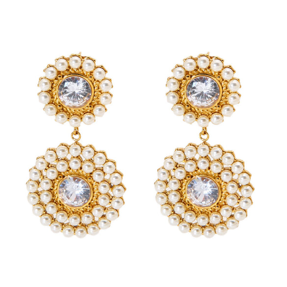 Wholesale Women's Vintage Geometric Stainless Steel Earrings With Zircon Inlaid Pearl Circle Vacuum Real Gold Plated In Pvd Furnace