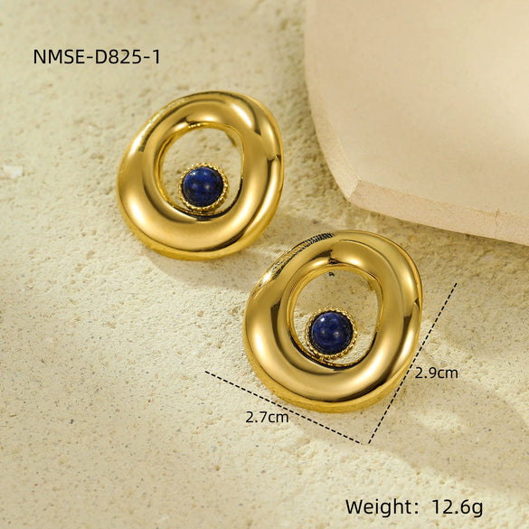 Wholesale Women's Vintage Geometric Stainless Steel Electroplating Irregular Round Hollow Inlaid Natural Stone Earrings