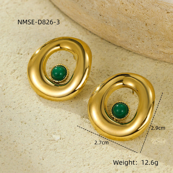 Wholesale Women's Vintage Geometric Stainless Steel Electroplating Irregular Round Hollow Inlaid Natural Stone Earrings