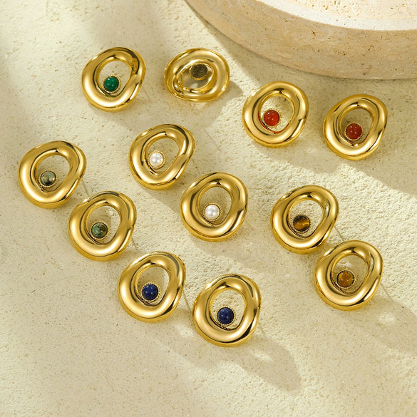 Wholesale Women's Vintage Geometric Stainless Steel Electroplating Irregular Round Hollow Inlaid Natural Stone Earrings