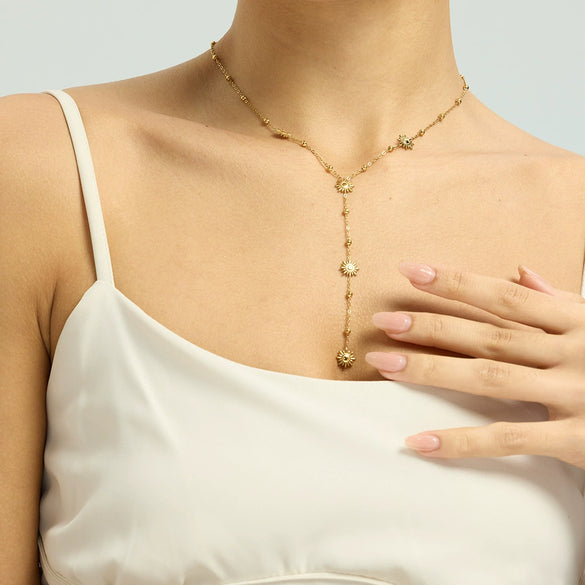 Wholesale Women's Vintage Geometric Sunshaped Stainless Steel Long Tassel Necklace 18K Gold Plated Bead Chain