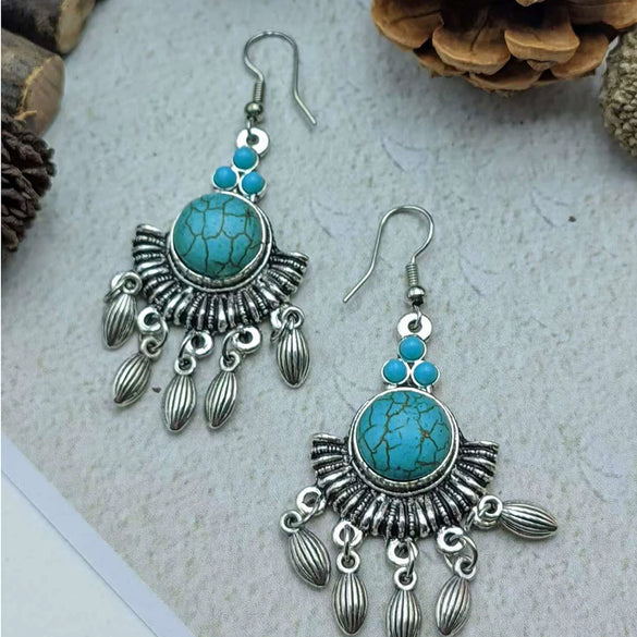 Wholesale Women's Vintage Geometric Zinc Alloy Electroplating Tassel Turquoise Earrings