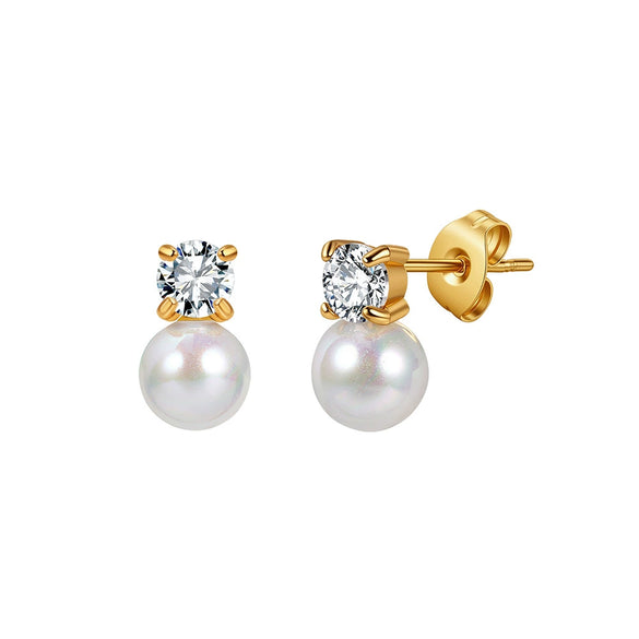 Wholesale Women's Vintage Gold Electroplated Geometric Shell Pearl Zircon Stainless Steel Earrings