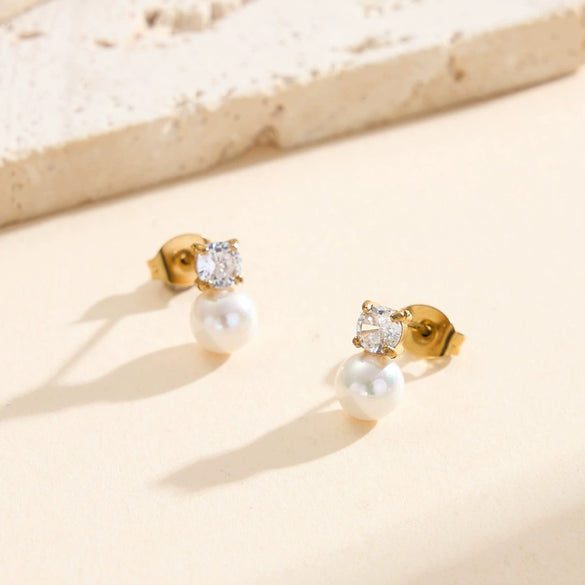 Wholesale Women's Vintage Gold Electroplated Geometric Shell Pearl Zircon Stainless Steel Earrings