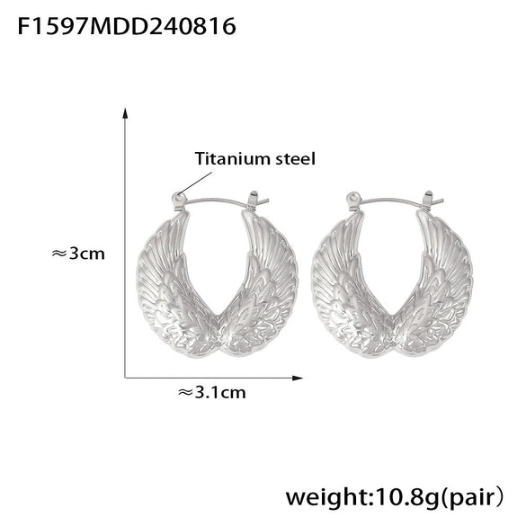 Wholesale Women's Vintage Hollow 316L Stainless Steel Feather Pattern Wings Earrings 18K Gold Plated Pvd