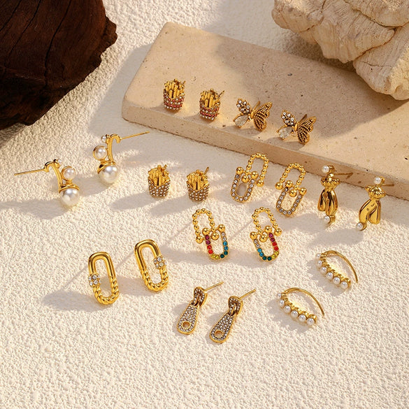 Wholesale Women's Vintage Imitation Pearl Earrings Retro Style Titanium Steel 18K Goldplated Ear Jewelry