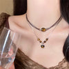 Wholesale Women's Vintage Leather Alloy Clavicle Chain Necklace With Artificial Tiger Eye Stone And Geometric Pattern Electroplated