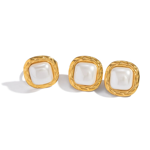 Wholesale Women's Vintage Minimalist Geometric Pearl Stainless Steel Electroplated Earrings And Ring Jewelry
