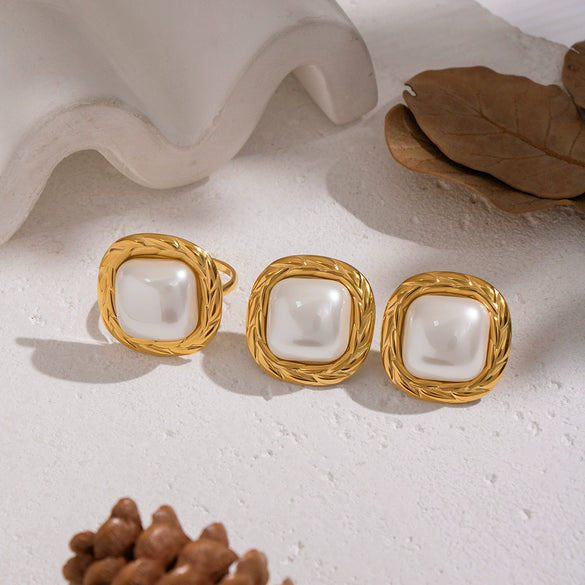 Wholesale Women's Vintage Minimalist Geometric Pearl Stainless Steel Electroplated Earrings And Ring Jewelry