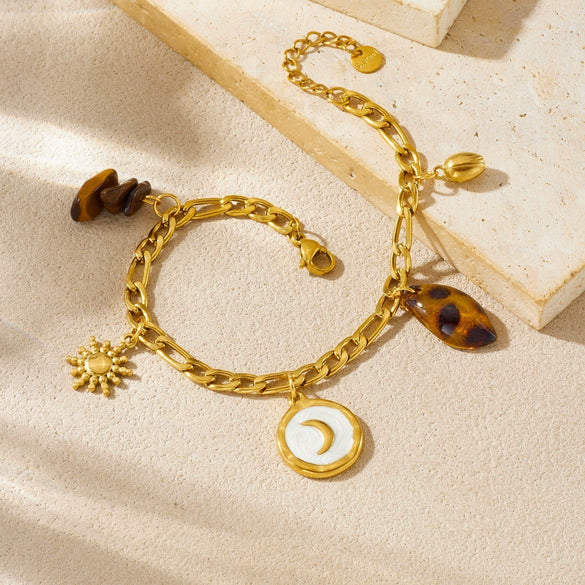 Wholesale Women's Vintage Minimalist Geometric Stainless Steel Gold Plated Tiger Eye Stone Leopard Print Bracelet With Moon Sun Pendant
