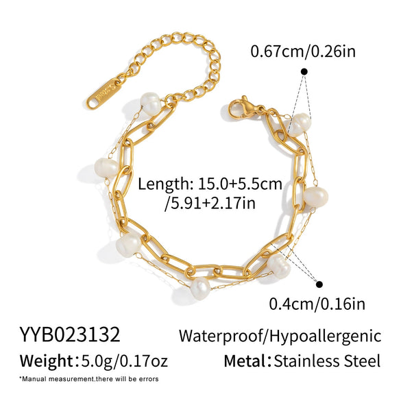 Wholesale Women's Vintage Minimalist Geometric Stainless Steel Real Gold Plated Freshwater Pearl Doublelayer Bracelet