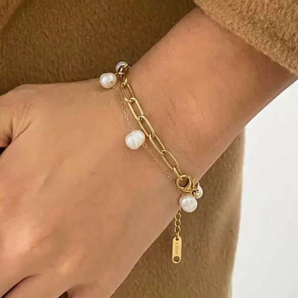 Wholesale Women's Vintage Minimalist Geometric Stainless Steel Real Gold Plated Freshwater Pearl Doublelayer Bracelet