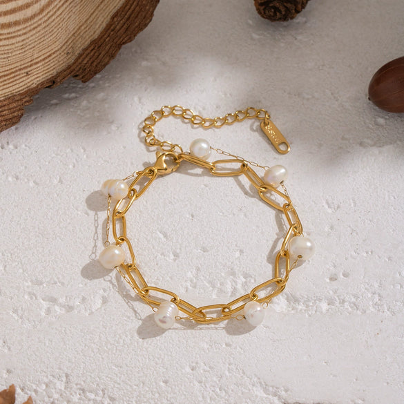 Wholesale Women's Vintage Minimalist Geometric Stainless Steel Real Gold Plated Freshwater Pearl Doublelayer Bracelet