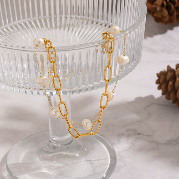 Wholesale Women's Vintage Minimalist Geometric Stainless Steel Real Gold Plated Freshwater Pearl Doublelayer Bracelet