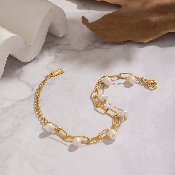 Wholesale Women's Vintage Minimalist Geometric Stainless Steel Real Gold Plated Freshwater Pearl Doublelayer Bracelet