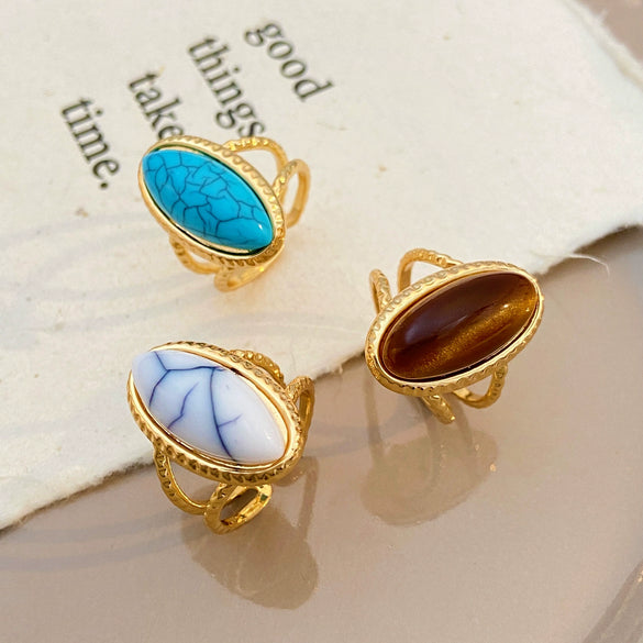 Wholesale Women's Vintage Natural Geometric Copper Tiger Eye Stone Opening Ring With Electroplating