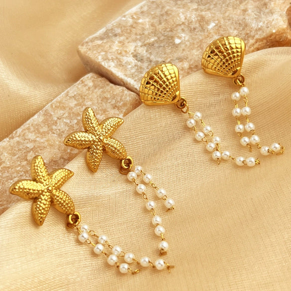 Wholesale Women's Vintage Natural Geometric Stainless Steel Electroplated Starfish Shell Pearl Tassel Earrings