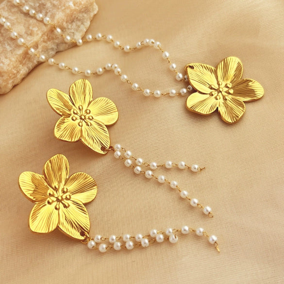 Wholesale Women's Vintage Natural Geometric Stainless Steel 18K Gold Plated Flower Pearl Tassel Earrings