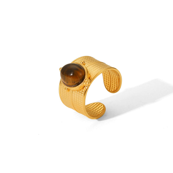 Wholesale Women's Vintage Natural Tiger Eye Stainless Steel Geometric Open Ring With Electroplating