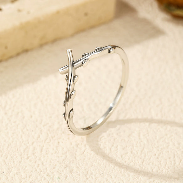 Wholesale Women's Vintage Old Cross Olive Branch Leaf Artistic Ring S925 Silver Electroplated