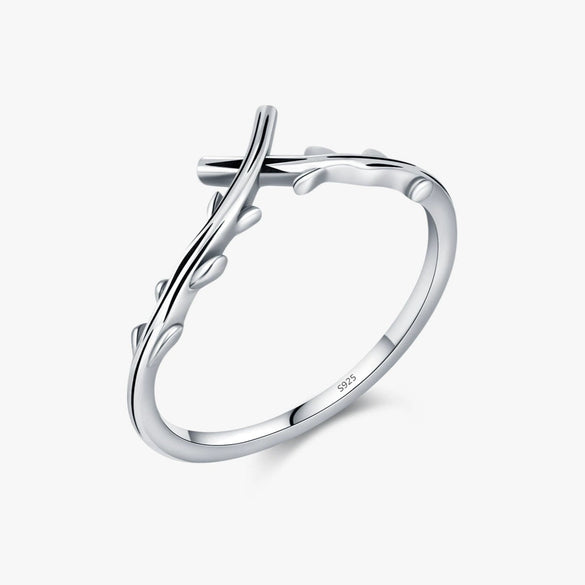 Wholesale Women's Vintage Old Cross Olive Branch Leaf Artistic Ring S925 Silver Electroplated