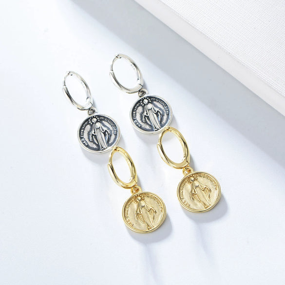 Wholesale Women's Vintage Personality Religious Geometric 925 Sterling Silver Electroplated Coin Hanging Pagoda Earrings