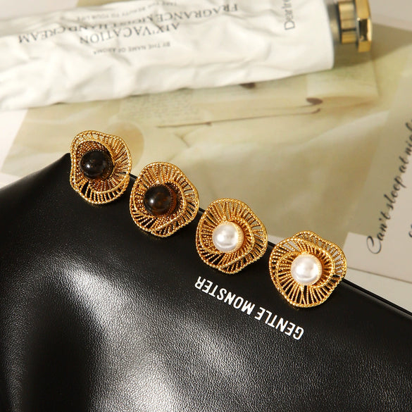 Wholesale Women's Vintage Retro Geometric Hollow Flower Stainless Steel Electroplated Tiger Eye Stone Pearl Earrings