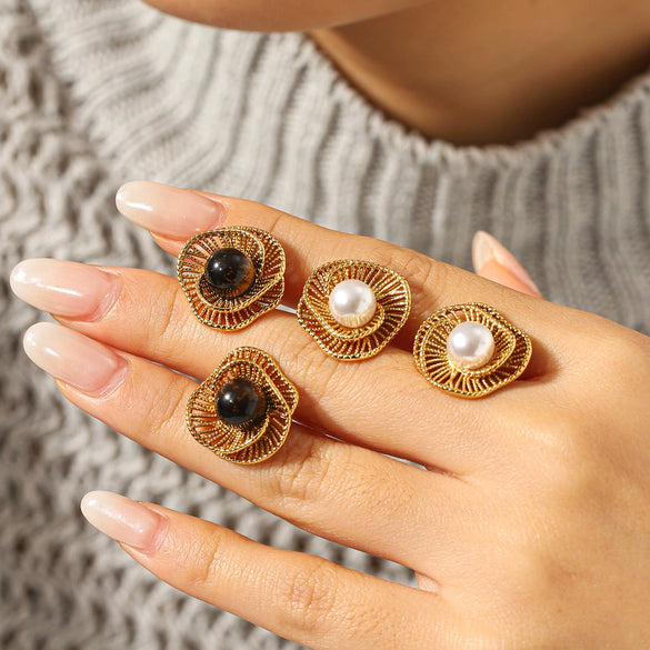 Wholesale Women's Vintage Retro Geometric Hollow Flower Stainless Steel Electroplated Tiger Eye Stone Pearl Earrings