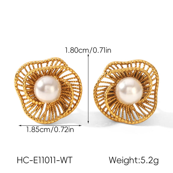 Wholesale Women's Vintage Retro Geometric Hollow Flower Stainless Steel Electroplated Tiger Eye Stone Pearl Earrings