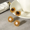 Wholesale Women's Vintage Retro Geometric Hollow Flower Stainless Steel Electroplated Tiger Eye Stone Pearl Earrings