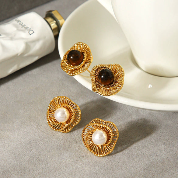 Wholesale Women's Vintage Retro Geometric Hollow Flower Stainless Steel Electroplated Tiger Eye Stone Pearl Earrings